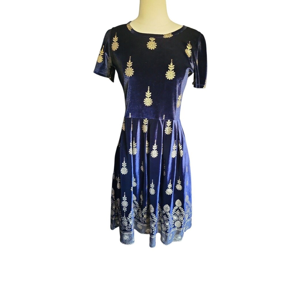 Lularoe Amelia Whimsigoth Velvet Midi Dress M Navy Gold Embroidered Pockets